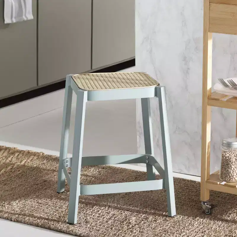 Cane Accent Stool, Aqua Smoke and Natural Finish, Boho Decorative Seat