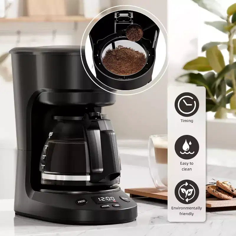 5-Cup Compact Drip Coffee Maker with Reusable Filter, Easy to Use and Convenient, Black, with Auto Pause and Serve Feature, Glass Carafe