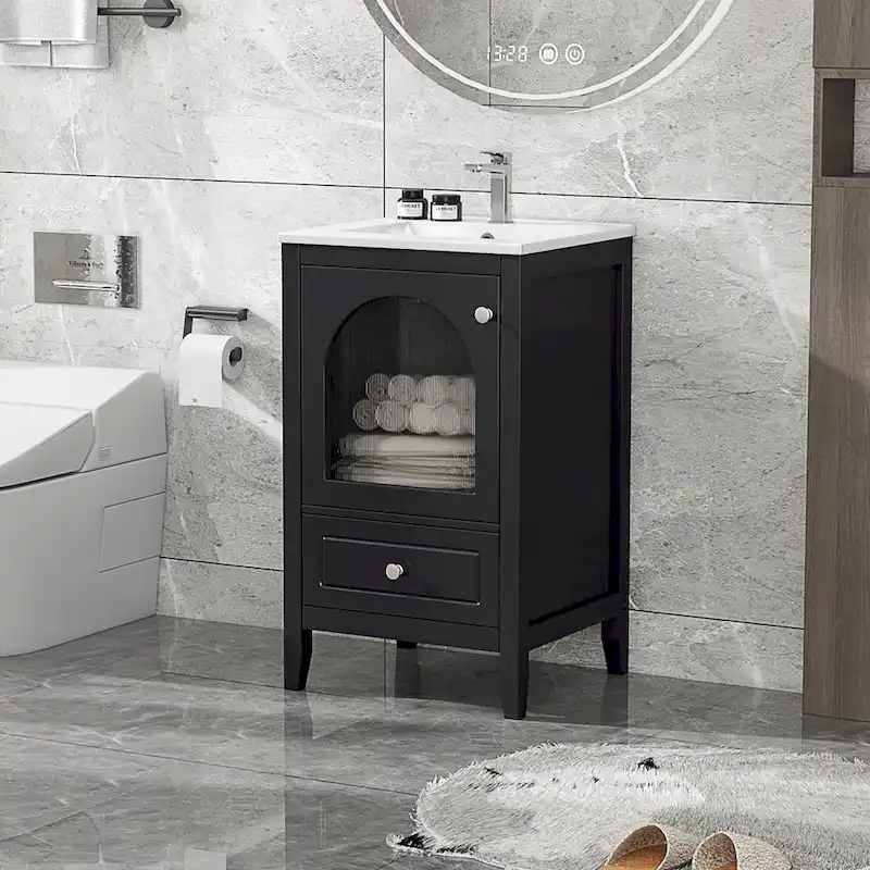 20 Inch Bathroom Vanity With Sink Combo, Modern Bathroom Vanity, Compact Space Bathroom Cabinet With Glass Door, Drawer