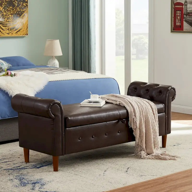 Armed Ottoman Storage Bench with Button Tufted PU Leather
