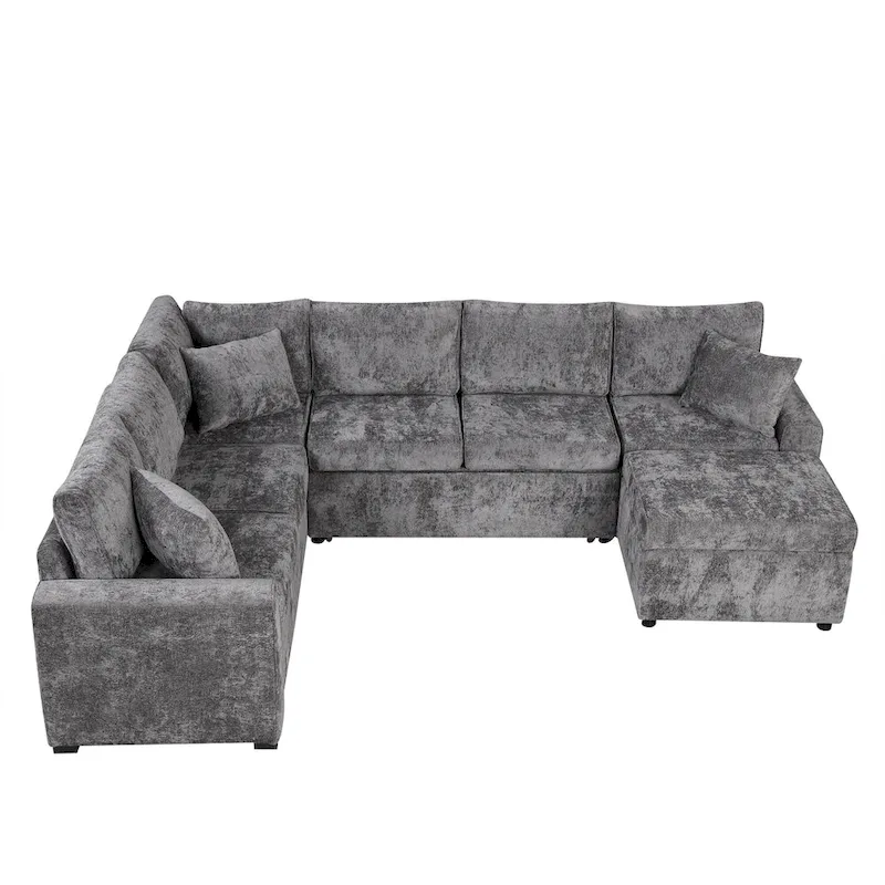 Chenille Sectional Sofa Pull-out Sofa Bed, L-Shape Sleeper Sofa with Storage Ottoman, 3 Pillows and Charging Devices