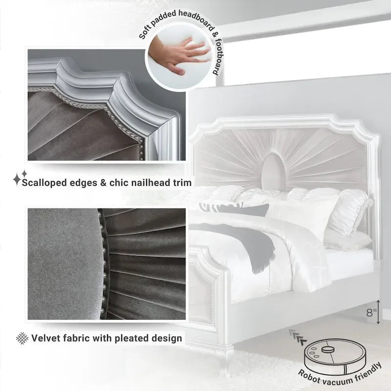 Glam Silver Solid Wood Panel Bed