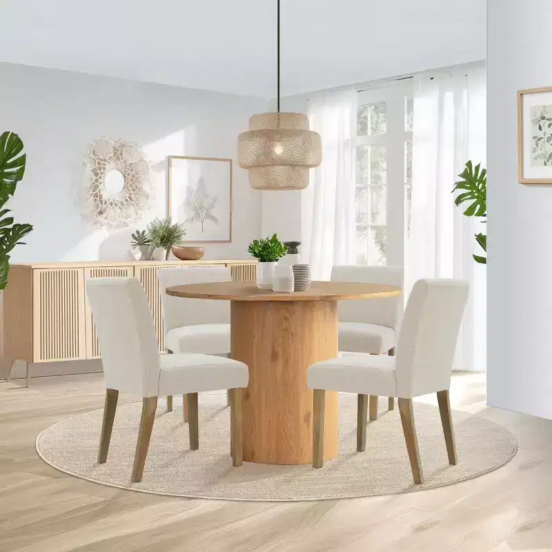 5-Piece Round Dining Table Set & 4 Upholstered Chairs, Modern Wood Pedestal Table Set for Kitchen, Breakfast Nook or Dining Room-Panipeachy