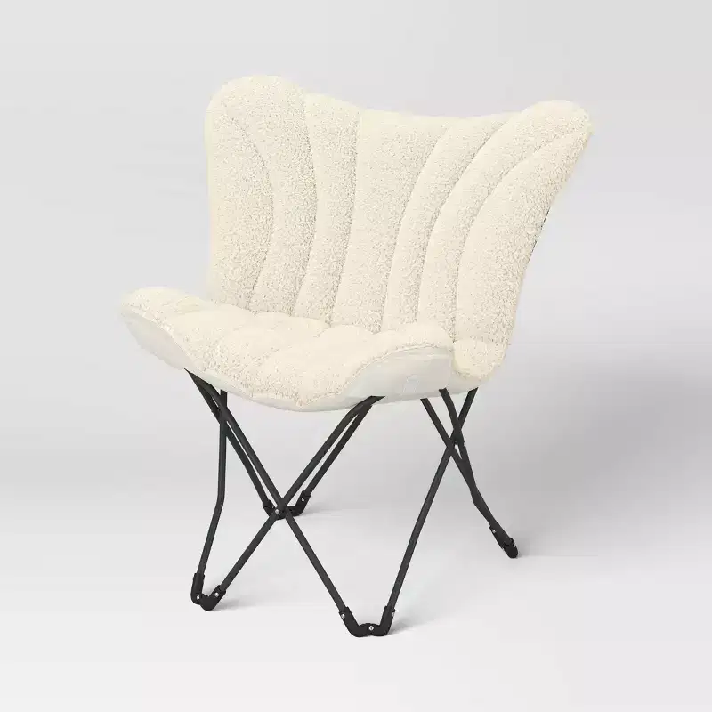 Faux Shearling Butterfly Chair with Steel Frame – Cream