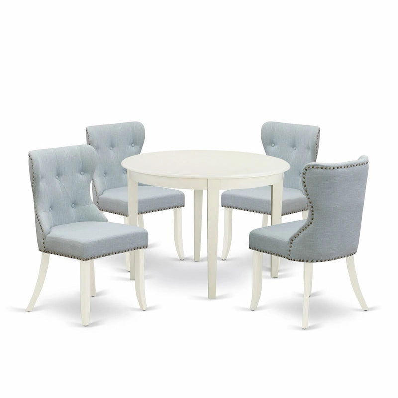 Round Wooden Dining Table with Baby Blue Linen Upholstered Parson Chairs White