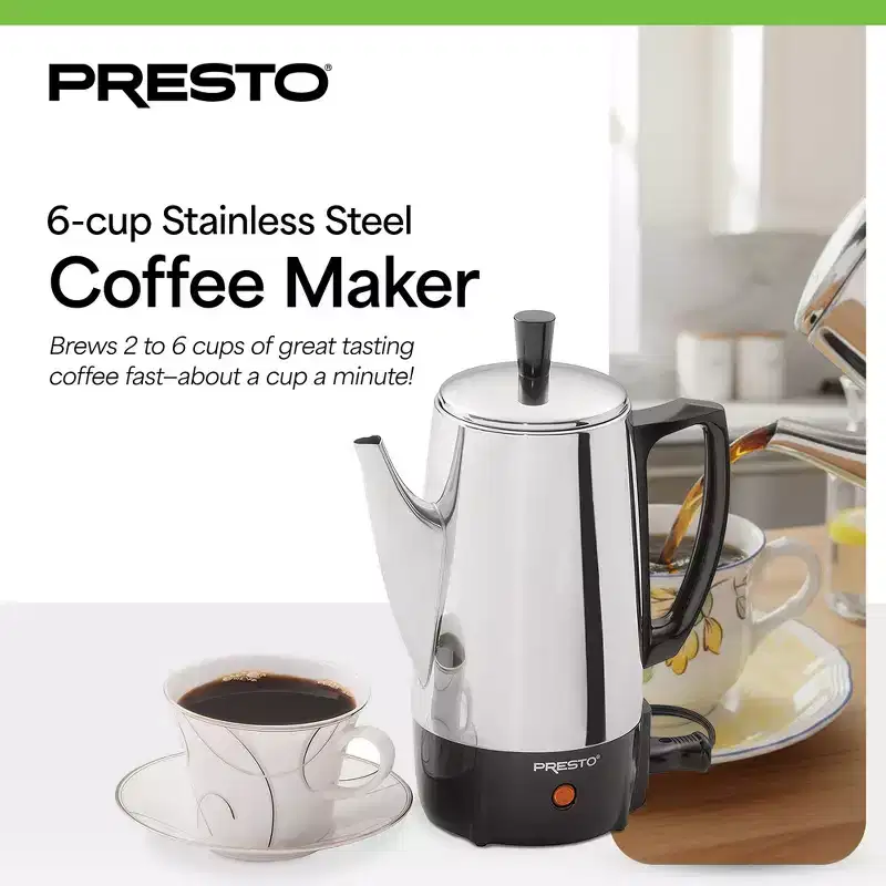 Presto 02822 Stainless Steel Coffee Maker, Classic Percolator, Easy Pour, Silver