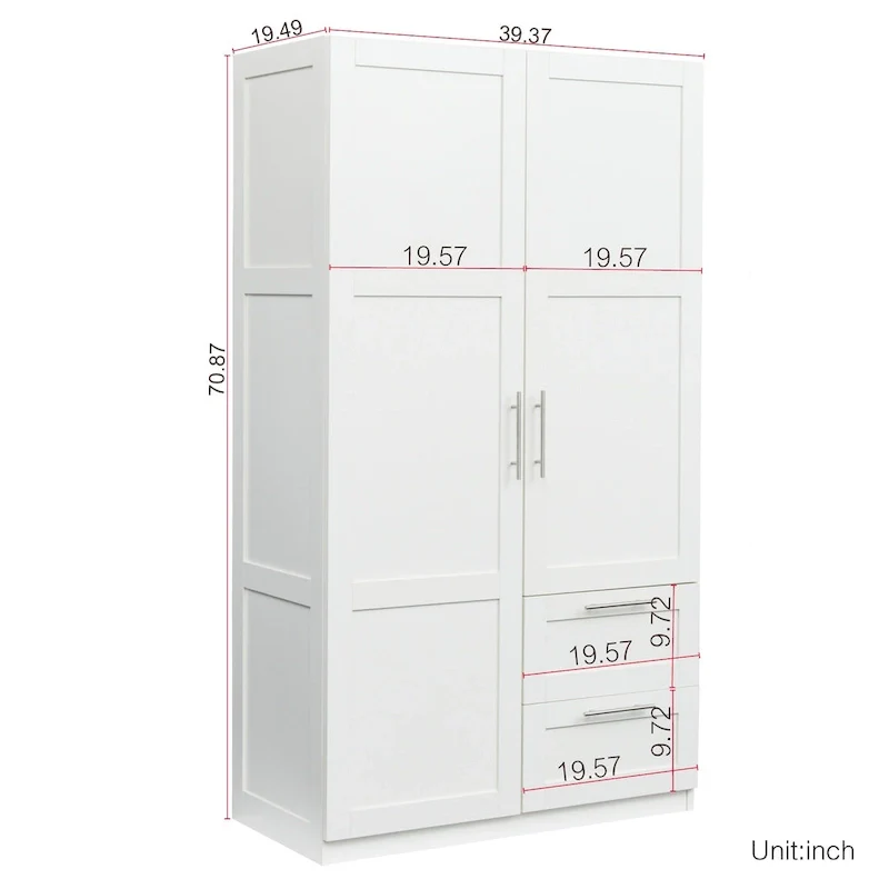 White Wood Wardrobe Armoire Storage Cabinet with Doors,Drawers,Hanging Rod