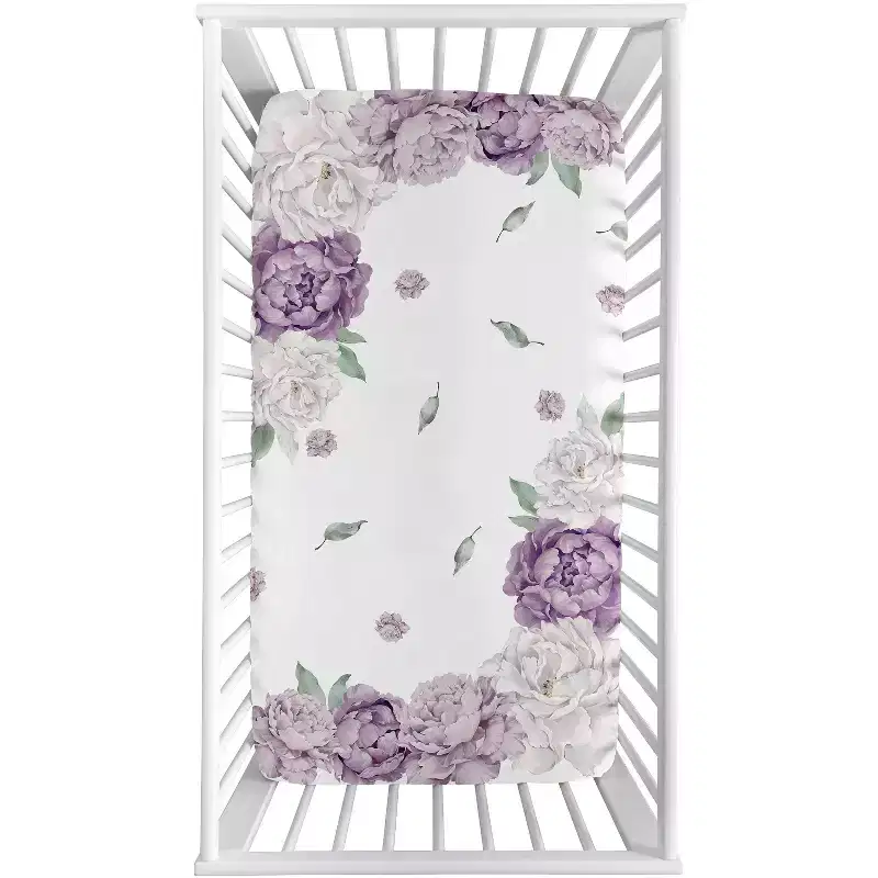 Sweet Jojo Designs Girl Photo Op Fitted Crib Sheet Peony Floral Garden Purple Ivory