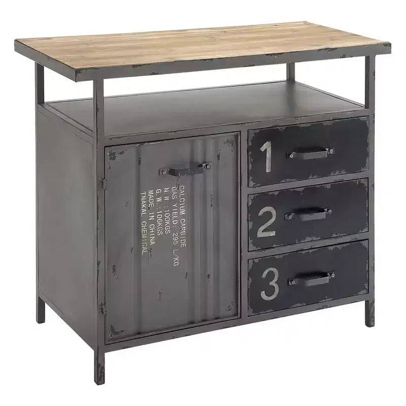 Olivia & May Metal Utility Cabinet with Wood Top Steel Gray: Industrial Style, Iron Frame, 3 Drawers, 2 Doors, No Assembly Required