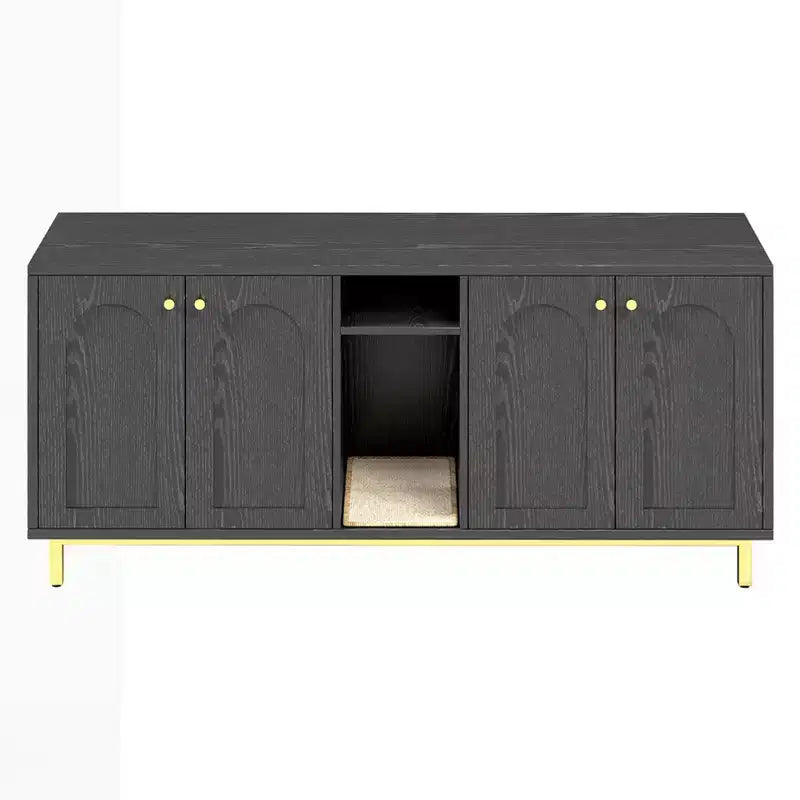 Black Litter Box Enclosure with Storage Cabinet, Large Capacity, Double Magnetic Door Design, Built-in Scratching Pad