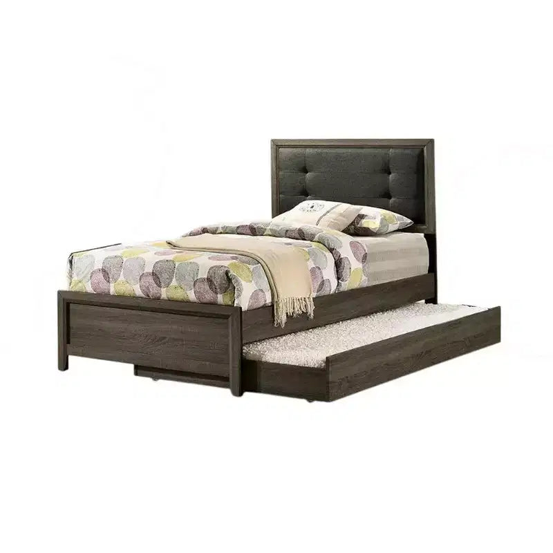 Royal Hampton Twin Size Bed, Button Tufted Upholstery, Dark Gray Solid Wood