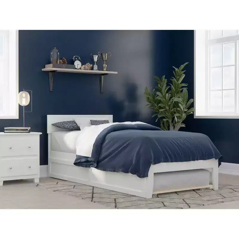 Twin Platform Bed with Twin XL Trundle, Walnut Veneer, Reinforced Center Support