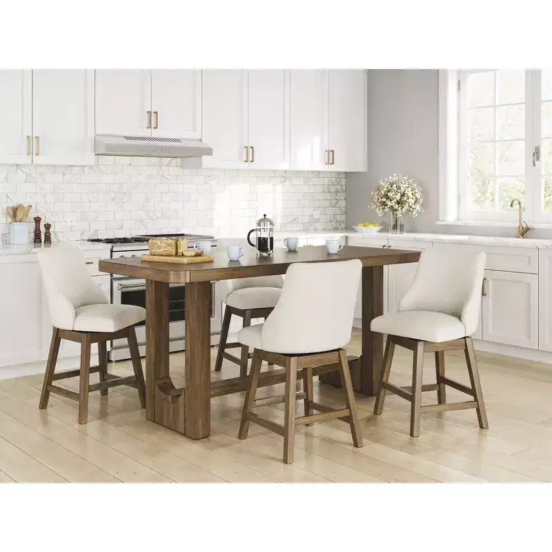 Signature Design by Ashley Cabalynn Counter Height Upholstered Swivel Barstools, Set of 2, Light Brown Frame with Cushioned Oatmeal Seat