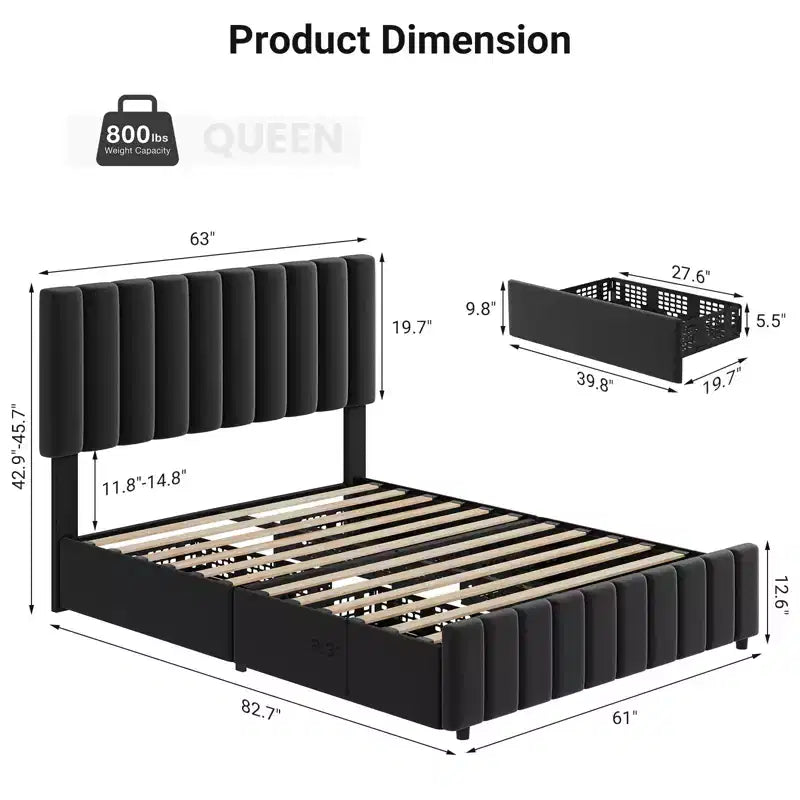 King Size Bed Frame with Upholstered, Platform Bed Frame with Storage Drawers, Adjustable Height Headboard, Easy to Assemble