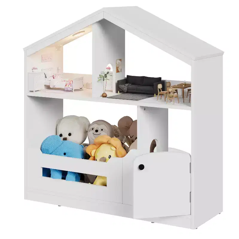 Kids Bookshelf w/ Motion Sensor Light, 2-Tier Wooden Toddler Bookcase & Toy Storage Organizer Cubby Cabinet for Playroom, Nursery & Classroom