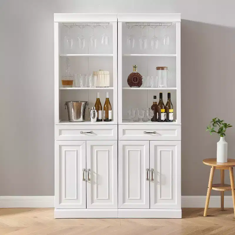 Crosley 78 Stanton 2pc Bar Cabinet Set White: Traditional Farmhouse Style with Adjustable Shelves, Stemware Racks
