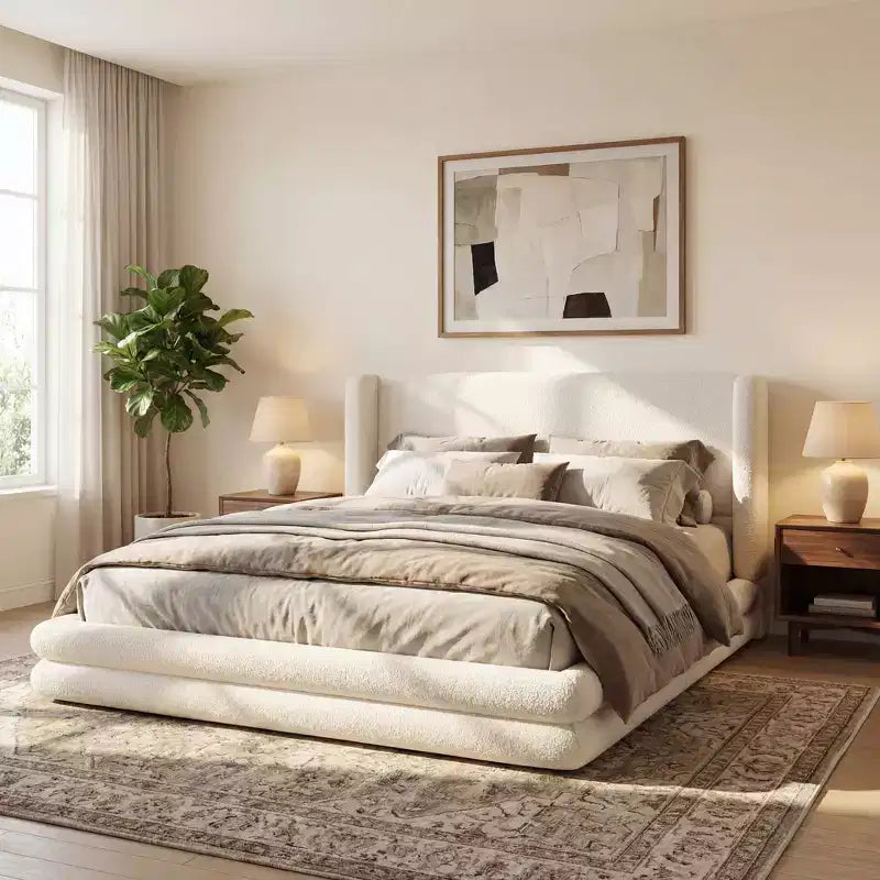 ModernLuxe Queen/King Size Bed Frame with Wingback Headboard, Modern Boucle Upholstered Platform Bed, White