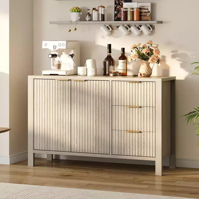 3 Drawers & 2 Doors Wooden Credenza  Fluted Sideboard Buffet Cabinet Modern for Living Room Kitchen