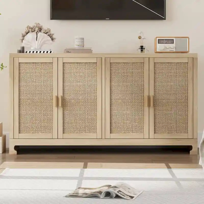Rattan Buffet Storage Cabinet with 4 Doors and Shelf