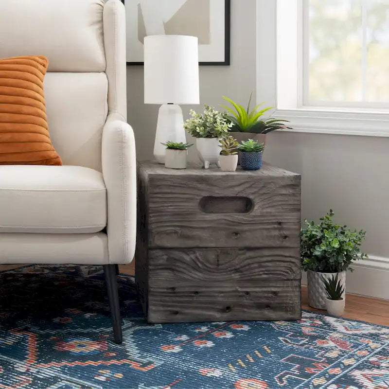 Rustic Faux Wood Crate Side Table and Stool