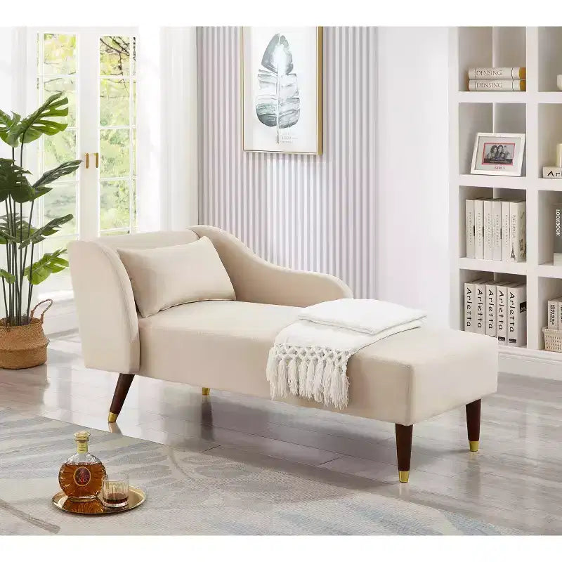 MAYEERTY Velvet Lounge Sofa with Solid Wood Removable Back Pillow Curved Armrests for Living Room Office Beige
