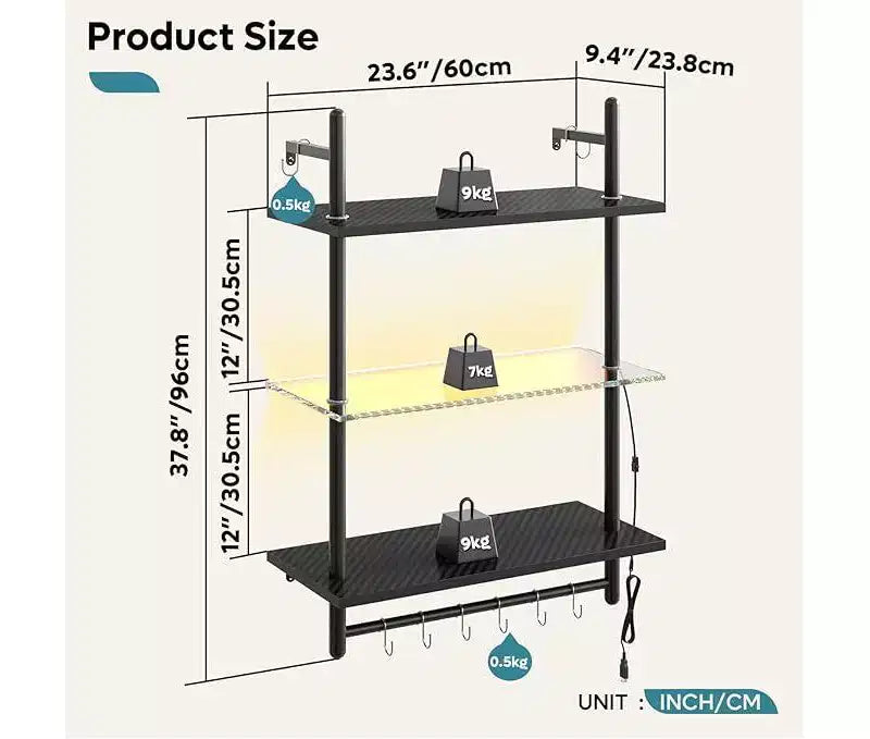 Bestier 24 Floating Shelves with LED Lights, 3-Tier Wall-Mounted Glass Shelves with Hooks for Living Room, Kitchen, Bathroom