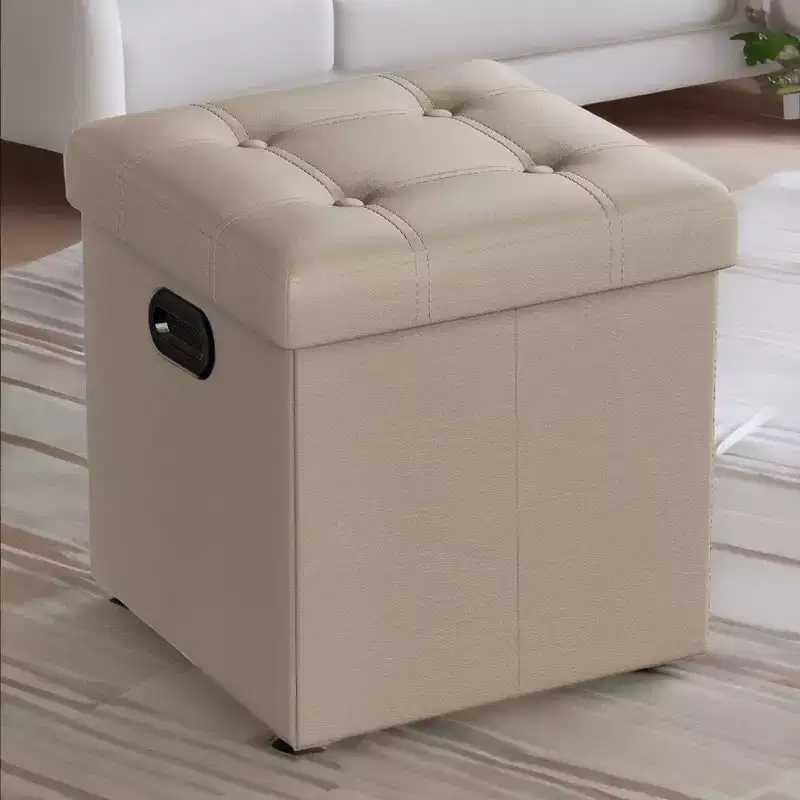 SONGMICS 15 Inches Folding Storage Ottoman, Cube Footrest, Coffee Table with Hole Handles, Faux Leather