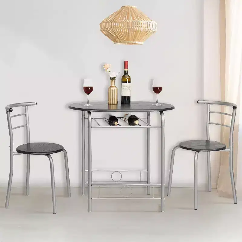VINGLI 3 Piece Dining Set,Small Kitchen Table Set for 2,Kitchen Wooden Table and 2 Chairs for Small Space,Metal Frame,Wine Rack,Sliver&Black