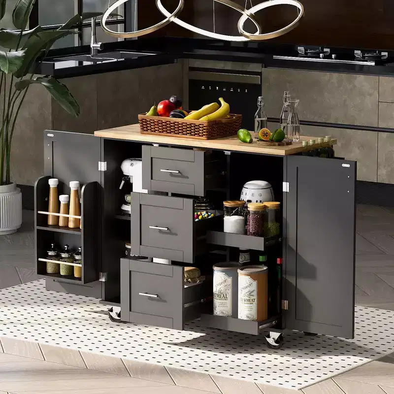 Kitchen Island, Rolling Storage Cabinet with 3 Drawers, Rubber Wood Top, Spice Rack, 2 Slide-Out Shelf