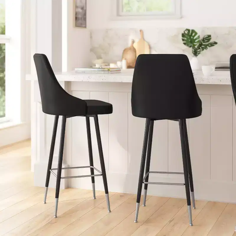 Modern Upholstered Dining Stools with Chrome Accented Metal Frames and Footrests