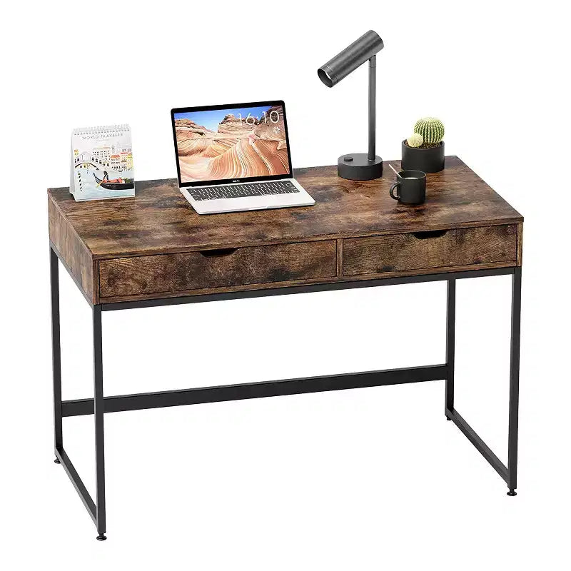 Small Rectangular Office Writing Desk �C 2 Large Drawers, Rustic Brown