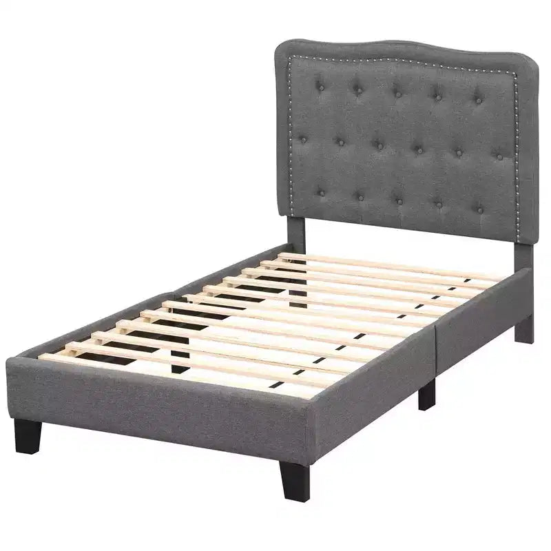 Costway Twin Size Bed Frame with 46 Tall Button Tufted Headboard Wooden Slats Support
