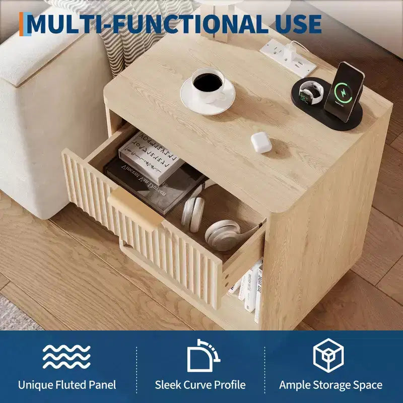 Fluted Nightstand with Charging Station and Drawers