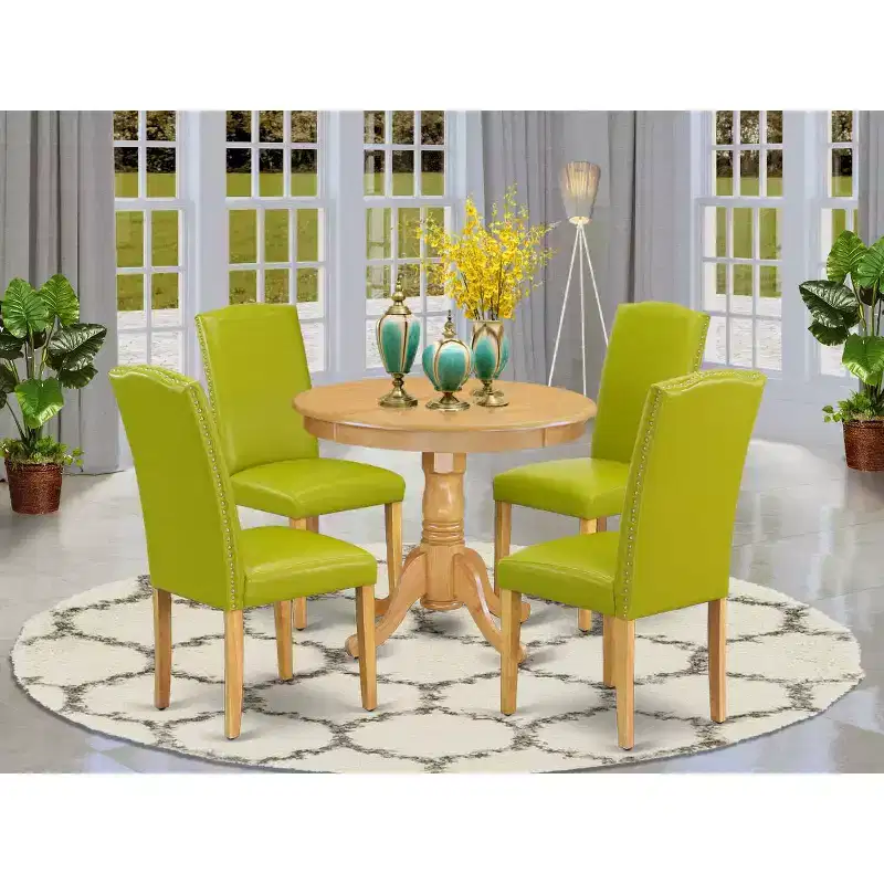 Farmhouse Round Dining Set - 5Pc Table & Chairs, 36 Table, Oak Legs, PU Leather, Autumn Green
