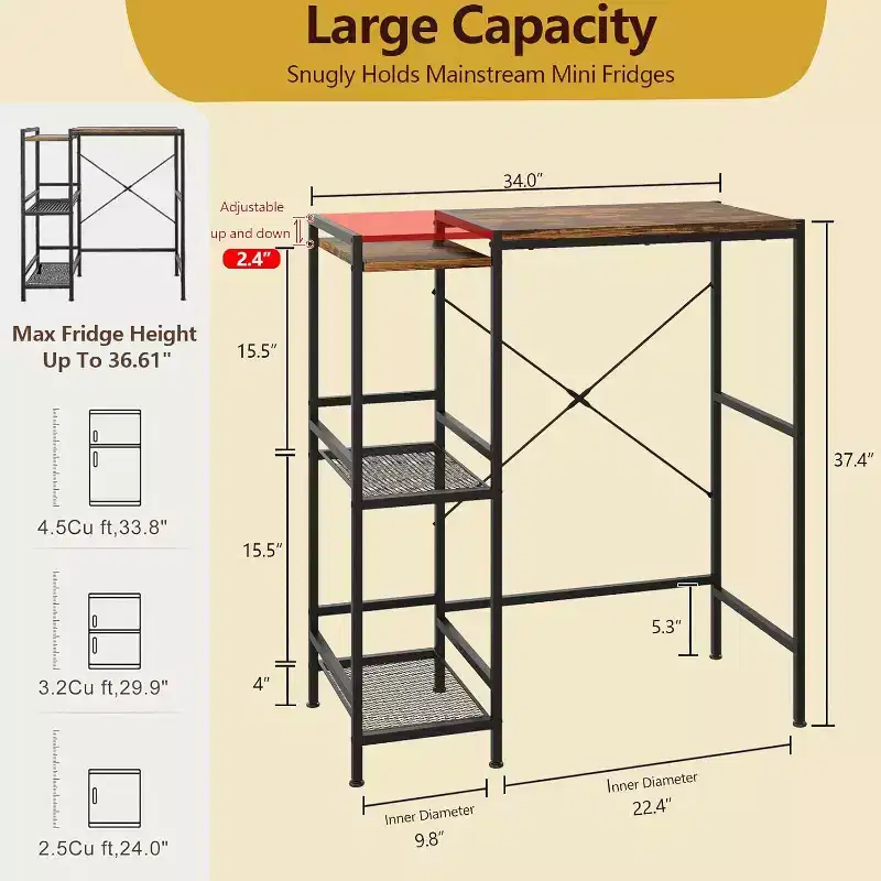 Space-Saving Mini Fridge Stand with Adjustable Shelf  Coffee Bar Microwave Storage Cart  Perfect for Small Apartments & Dorms