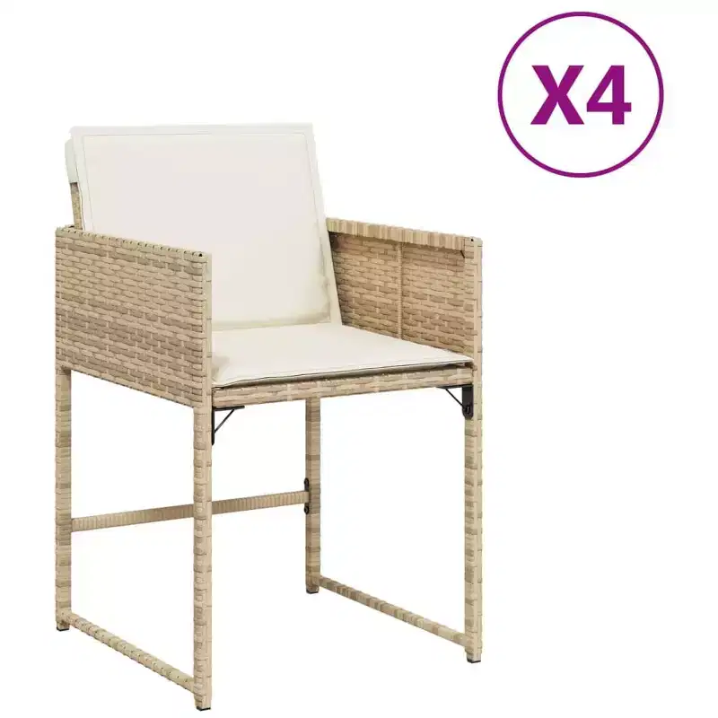 vidaXL Patio Chairs - Cushions Included, Beige Poly Rattan, Outdoor Furniture, 4-Piece Set - Compact Foldable Chairs with Removable Covers