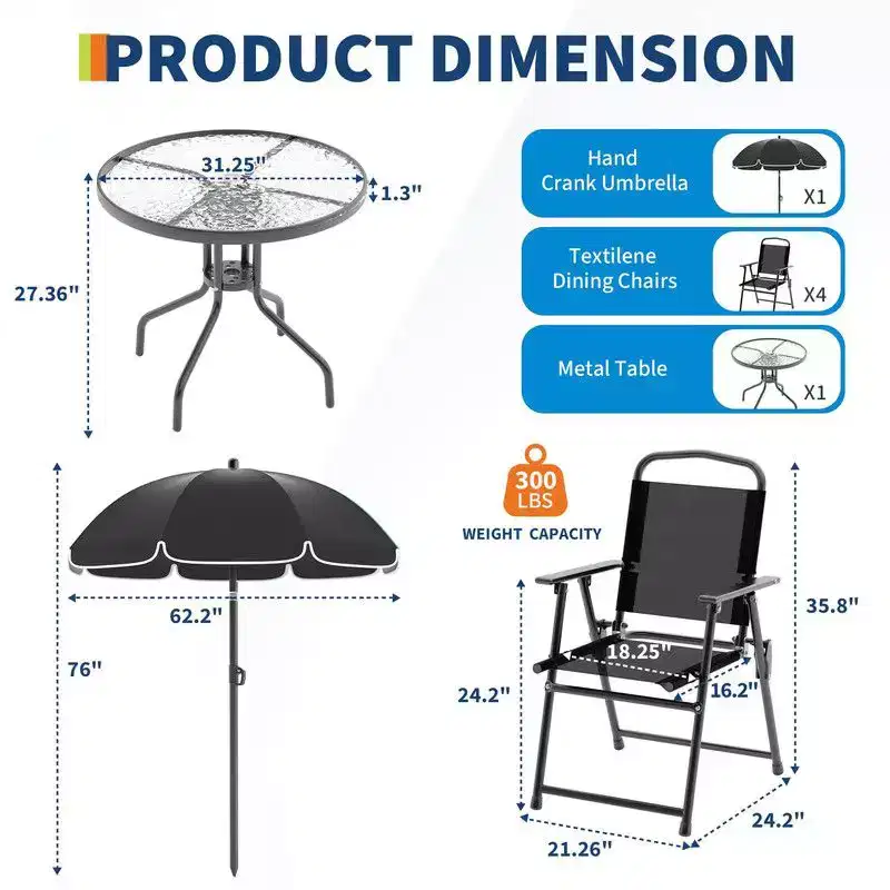Coolmee 6 Pieces Outdoor Dining Set with Umbrella, Patio Table and 4 Folding Chairs with Umbrella, Tempered Glass Top Dining Table