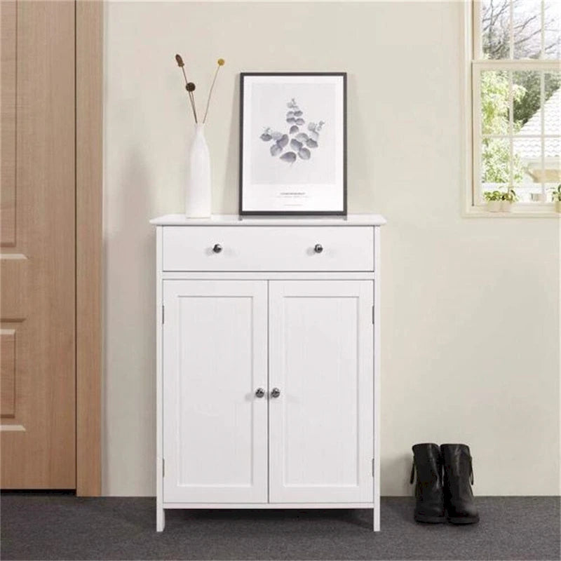 White MDF Bathroom Floor Cabinet with Drawer and Double Door Storage