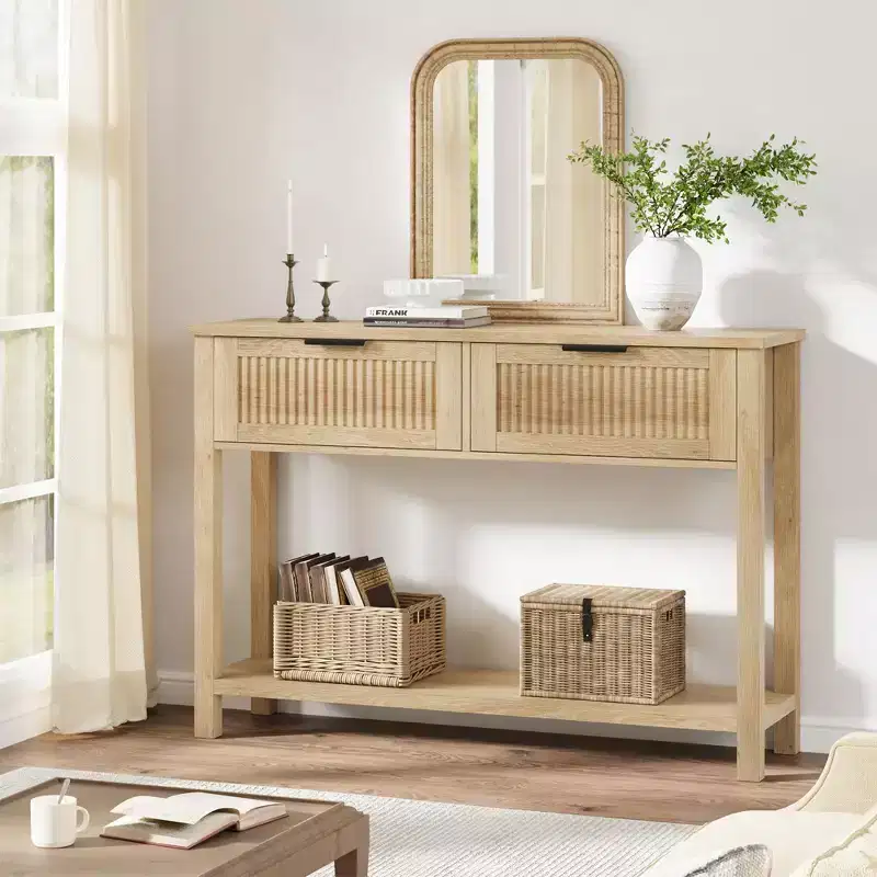 COZONY 43 Fluted Console Table with Burlywood 2 Drawers, 2-Tier Wooden Entryway Sofa Table