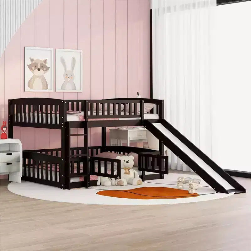 Bunk Bed with Slide,Full Over Full Low Bunk Bed with Fence and Ladder for Toddler Kids Teens White