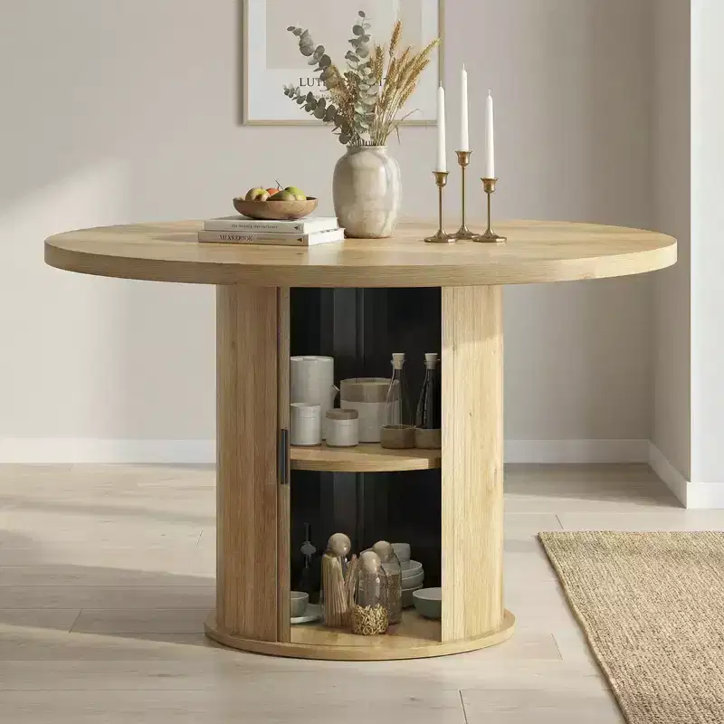 43 Round Wood Dining Table for 4 with Sturdy Metal Base, Modern Kitchen Table