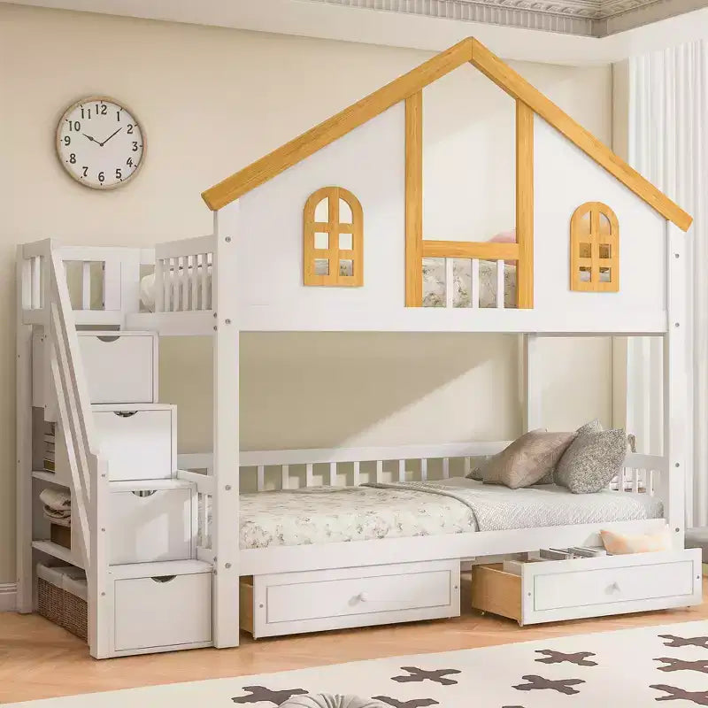GDFStudio Carlson Wooden House Roof Bunk Bed with Window Door and Roof, Storage Drawers and Staircase