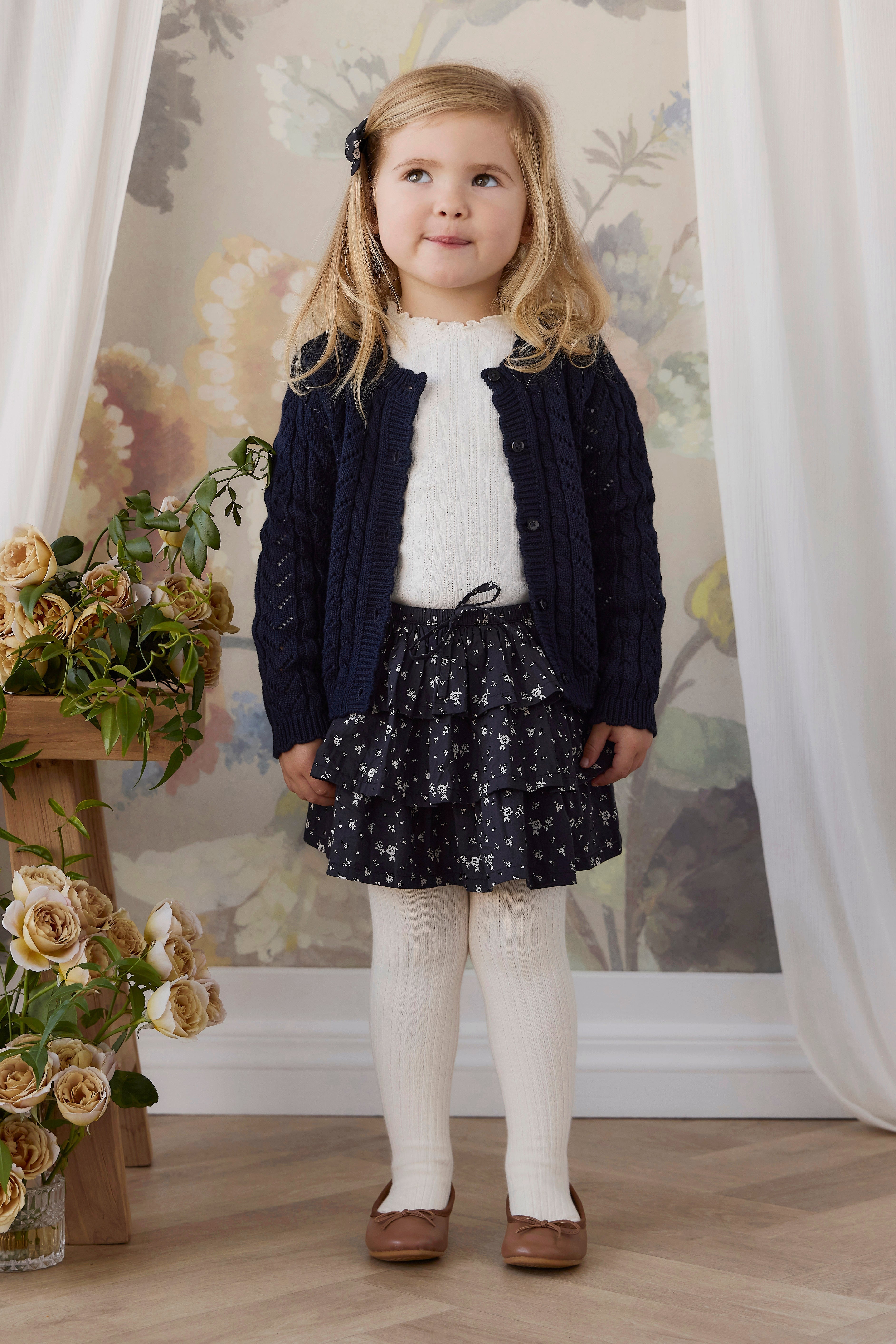 Botanical Graphite Scattered Floral Print Organic Cotton Tiered Skirt with Frill Layers & Elasticated Tie Waist for Girls Spring-Summer (1Y�C10Y)