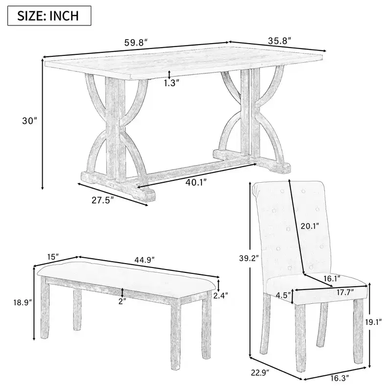 Farmhouse Dining Set for 4, Rectangular Kitchen Table Set with 4 Upholstered Chairs and Bench
