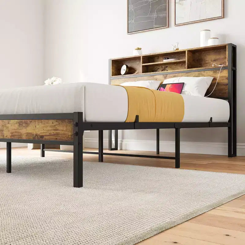 Fabric Platform Bed with Wingback Headboard Queen