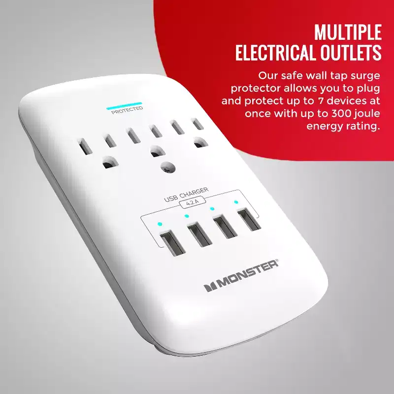 Monster Wall Tap Plug Outlet Extender with Outlet Surge Protector for Office and Smart Phone Devices