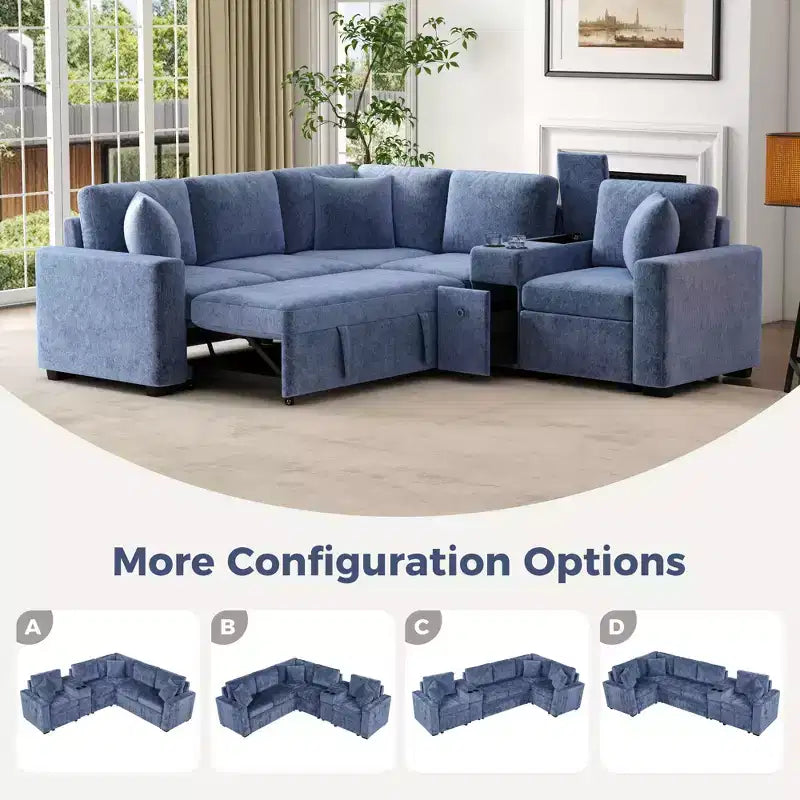 120.5 Modular L-Shaped Sleeper Sofa with Pull-Out Bed, Storage & Cup Holders  Reversible Sectional for Modern Living