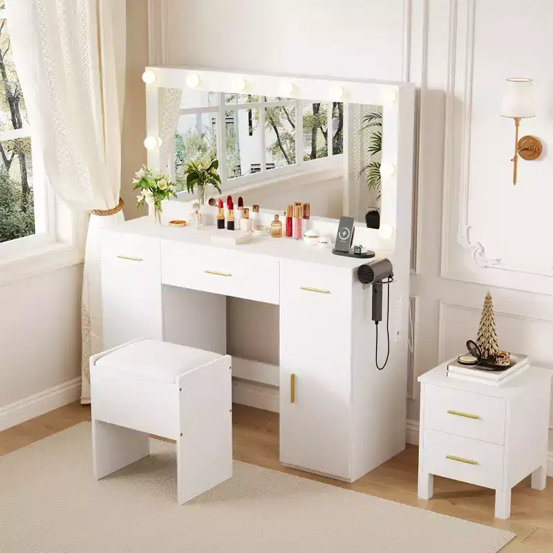 GustoWave 45 Vanity Desk with Large Mirror, White Makeup Table with 3 Drawers & 2 Cabinets, Hidden Storage Stool for Bedroom
