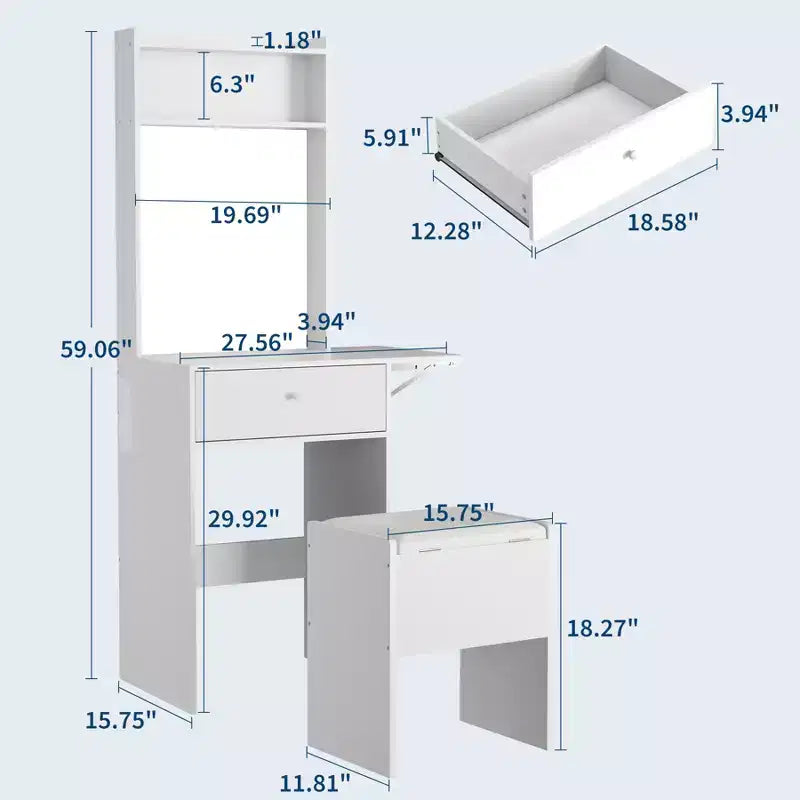 Compact dressing table with smart LED mirror, integrated power outlets - Foldable top - Storage chair and open shelves - Ideal for bedroom