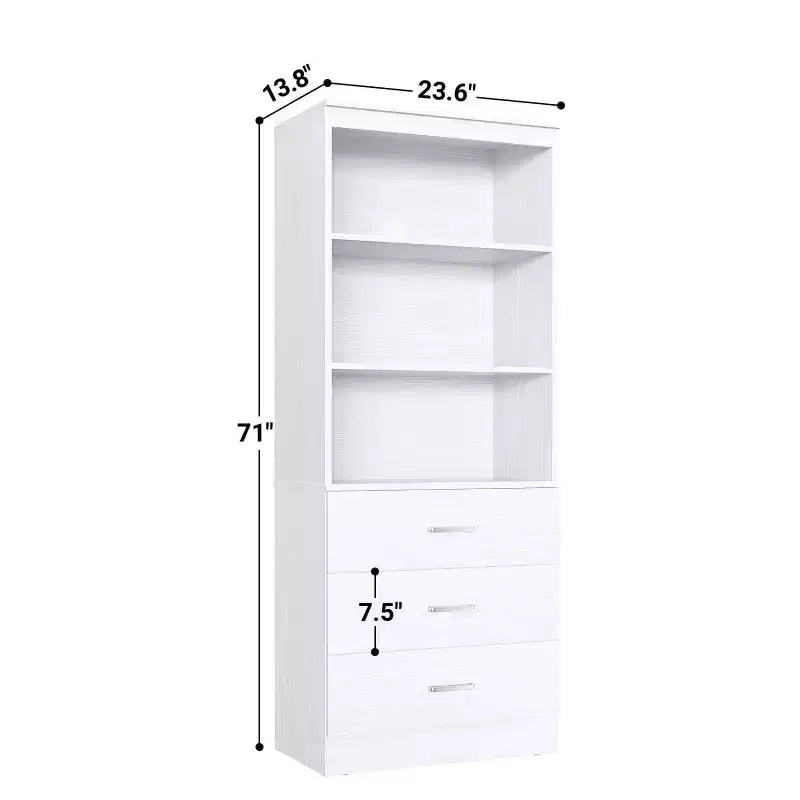 71-Inch Tall Bookshelf with 3 Drawers and Open Shelves